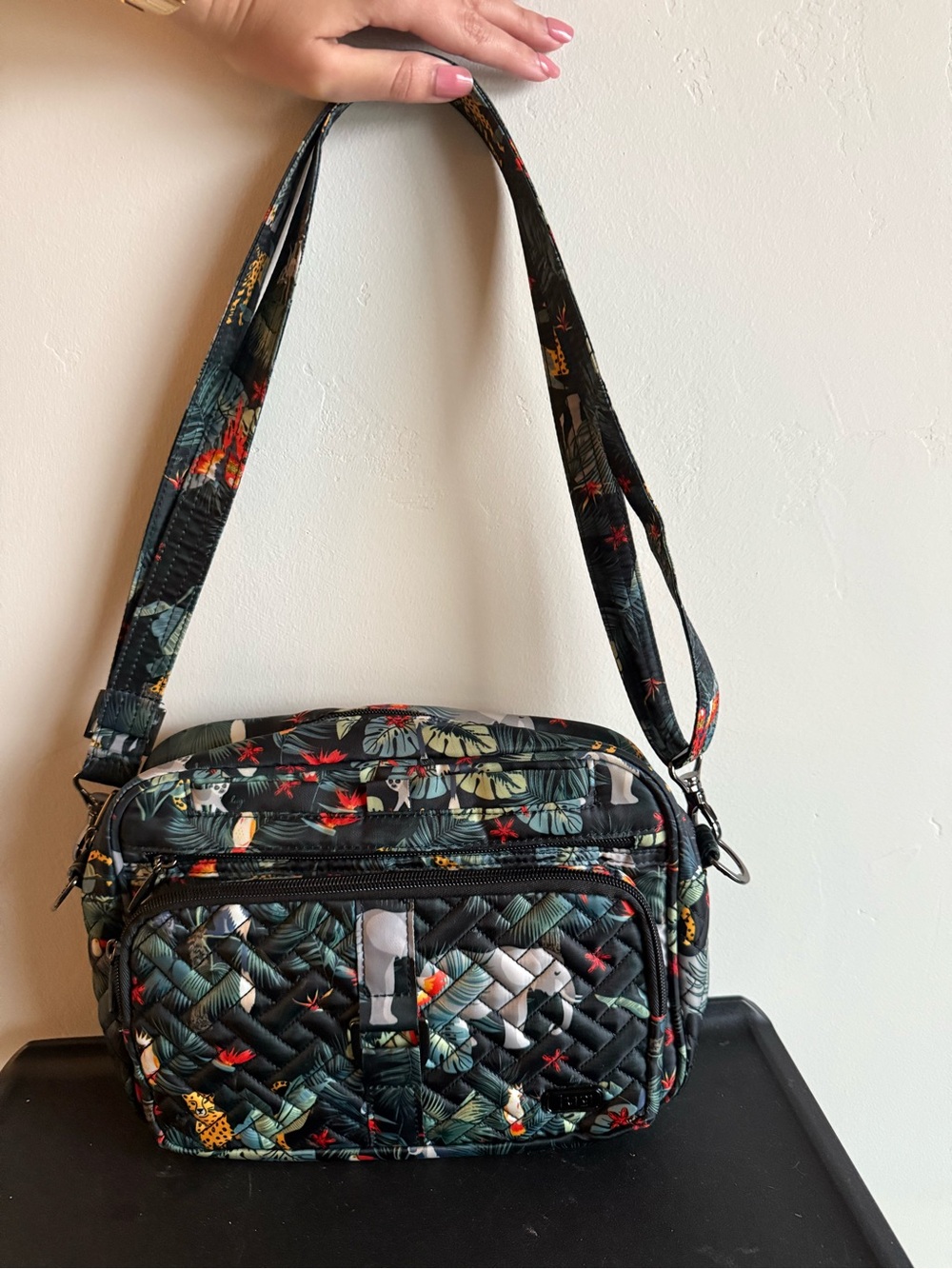 lug Quilted Crossbody Bag in Black with Green and Red Tropical Print